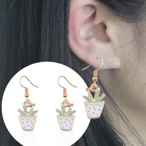 Cactus Potted Plant Enamel Gold Dangle Earrings
